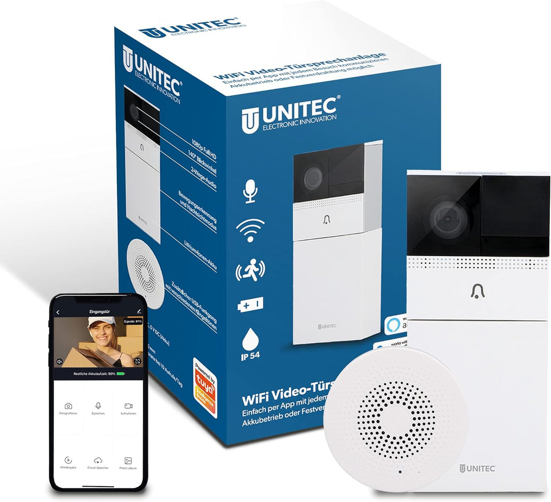 UNITEC WIFI Video-Türsprechanlage mit Smartphone App, Akku oder Festverdrahtung, mit WLAN Full HD Ka