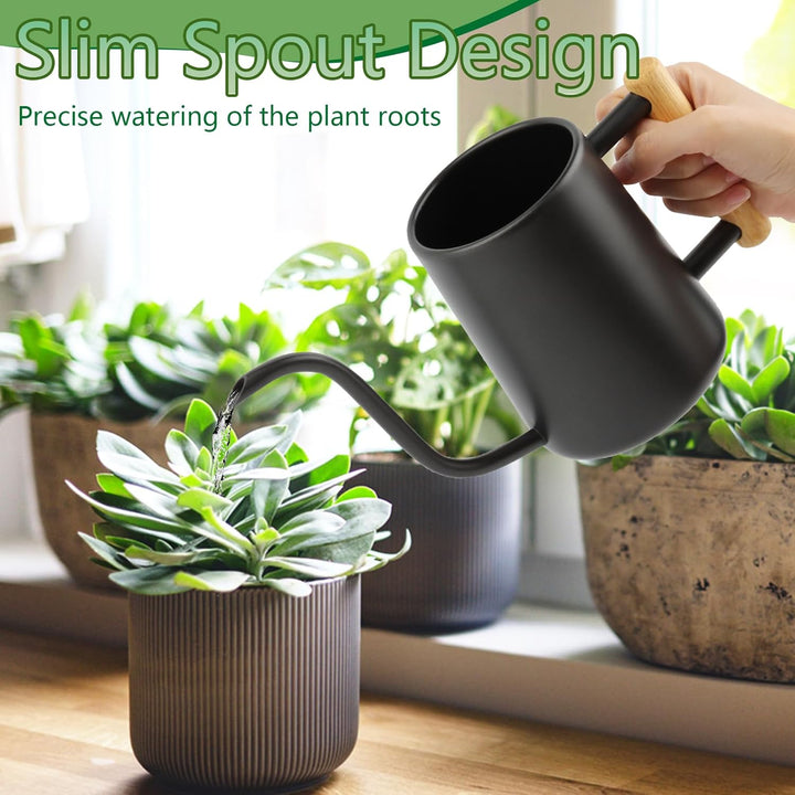 Giesskanne Klein 1L, Giesskanne Zimmerpflanzen mit langem Auslauf und komfortablem Holzgriff, Edelst