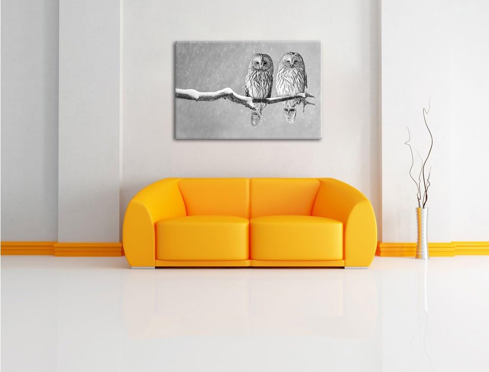 Pixxprint Zwei Eulen in Winterlandschaft Kunst B&W, Format: 100x70 auf Leinwand, 100x70