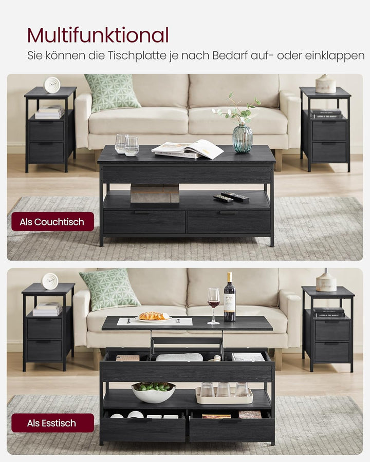 VASAGLE Couchtisch, höhenverstellbarer Wohnzimmertisch, Kaffeetisch, mit Schubladen, offenes Fach, a