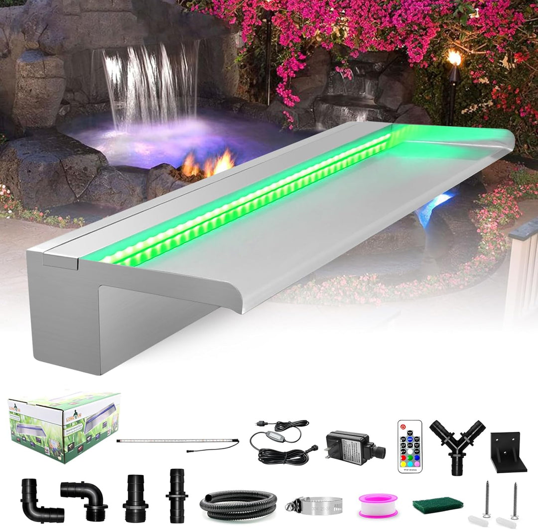 LONGRUN Wasserfall Edelstahl Pool Brunnen, Springbrunnen Garten Wasserfall mit Mehrfarbig LED, Teich