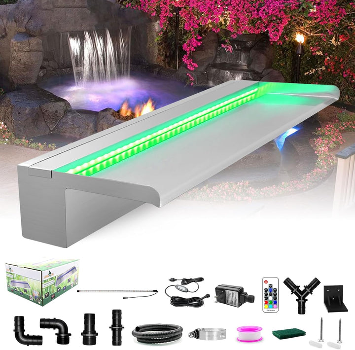 LONGRUN Wasserfall Edelstahl Pool Brunnen, Springbrunnen Garten Wasserfall mit Mehrfarbig LED, Teich