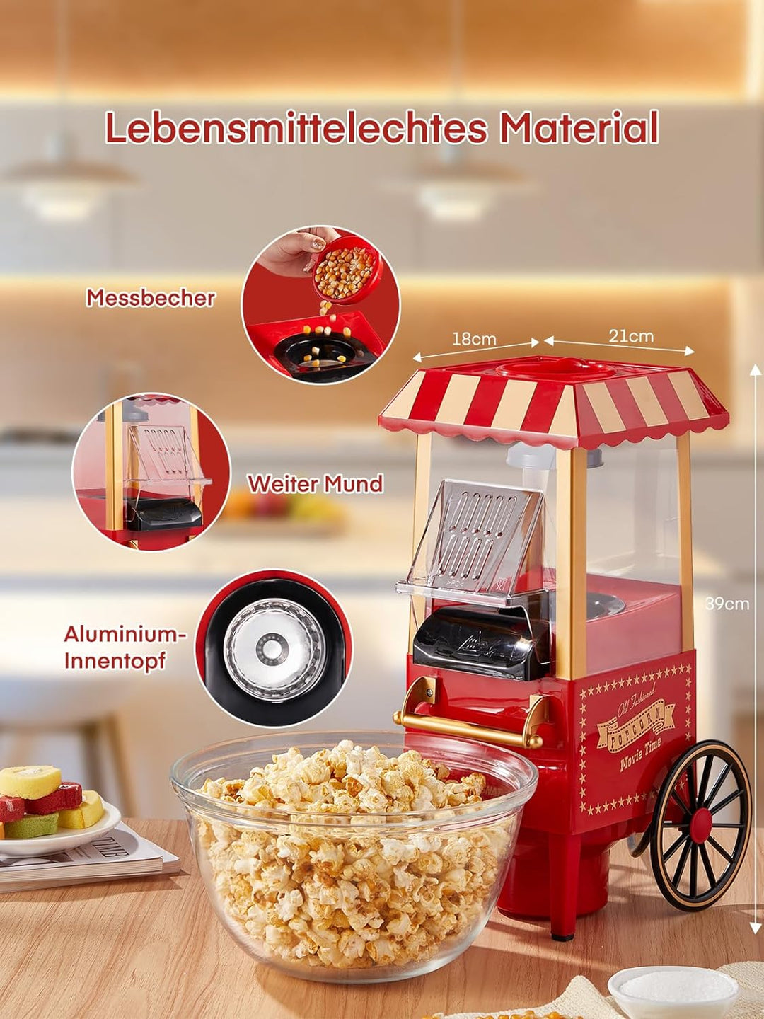 Popcornmaschine Heissluft - HOUSNAT Retro Popcorn Maker -Fettfreies Ölfreies & Gesunder Maïs Snack -