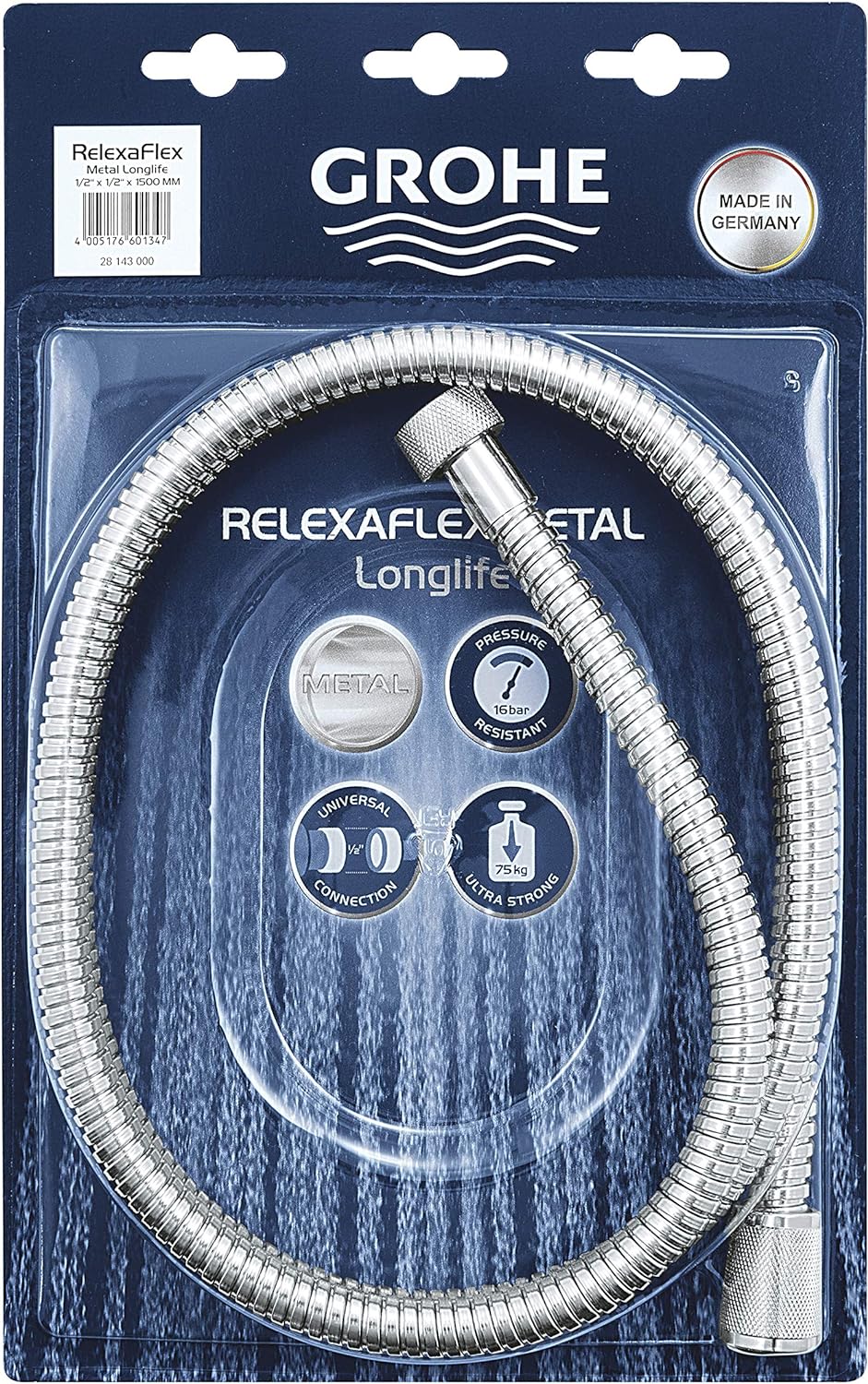 GROHE Relexaflex - Metallbrauseschlauch (1500mm, knickfest, hitzebständig bis 75°C), chrom, 28143000