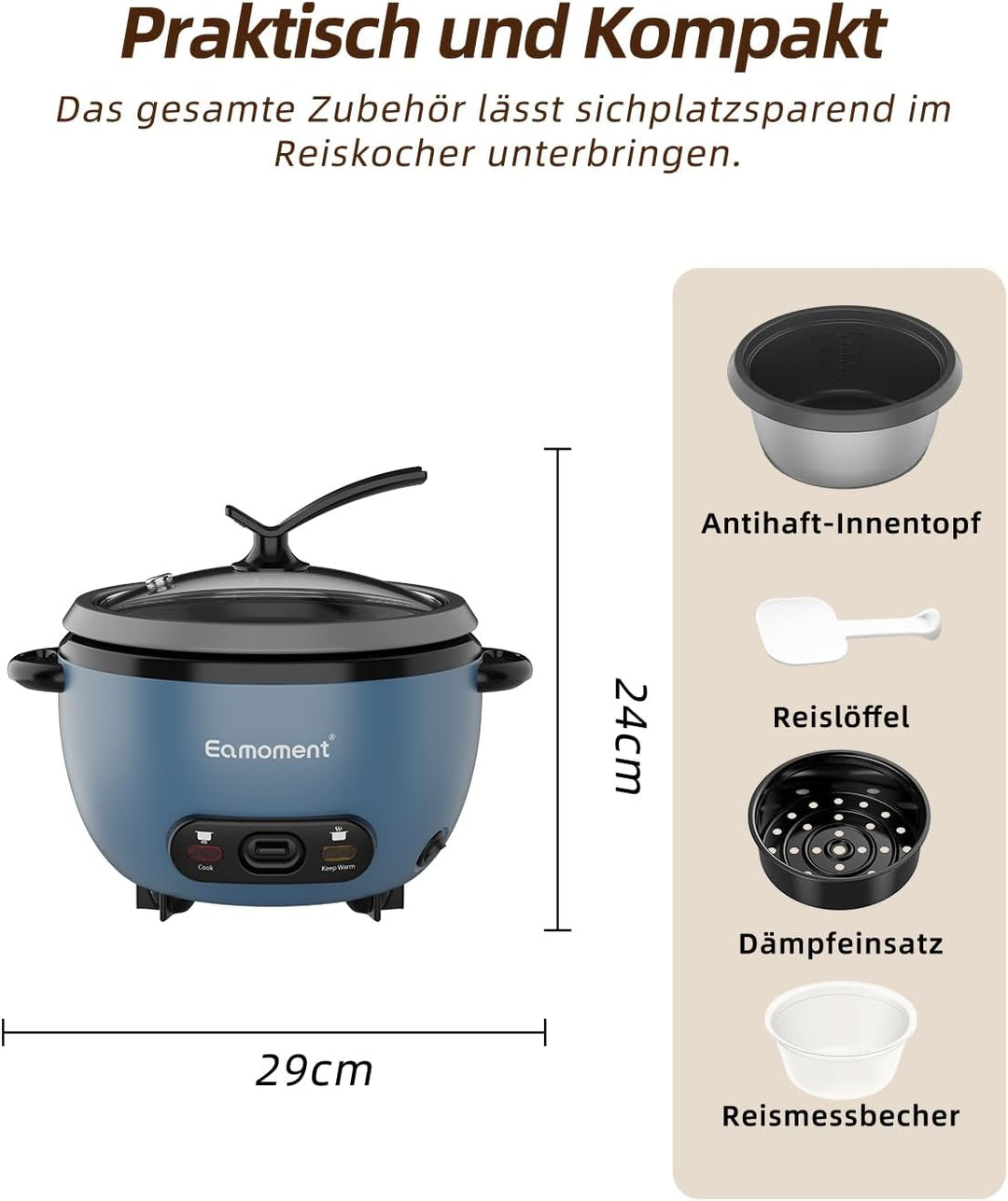 Eamoment ERC-5P07BL 1L | 400W Reiskocher & Schwarzer Dämpfeinsatz Warm & Kochen 1-5 Personen Antihaf
