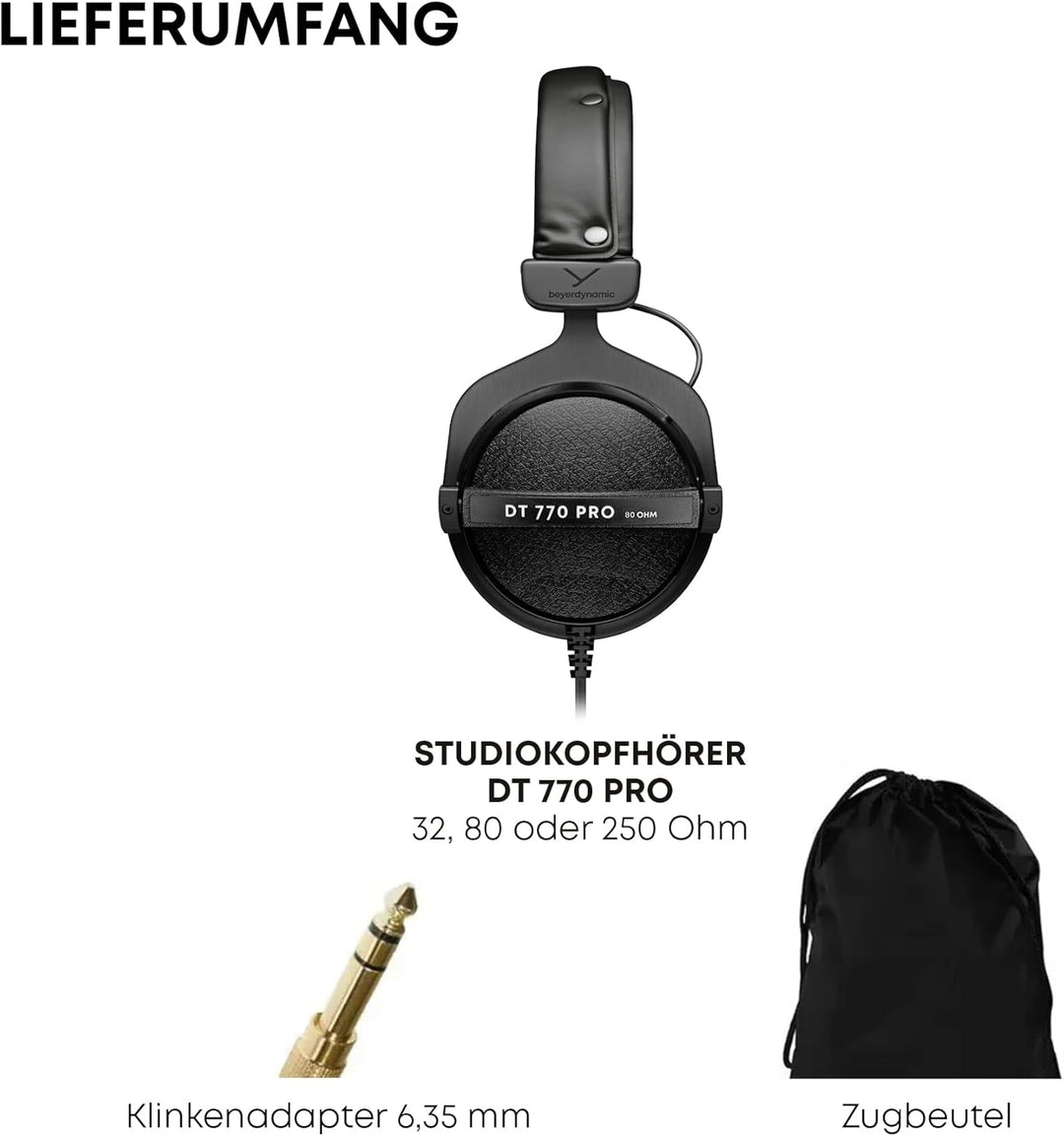 beyerdynamic DT 770 PRO 250 Ohm Over-Ear-Studiokopfhörer in schwarz. Geschlossene Bauweise, kabelgeb