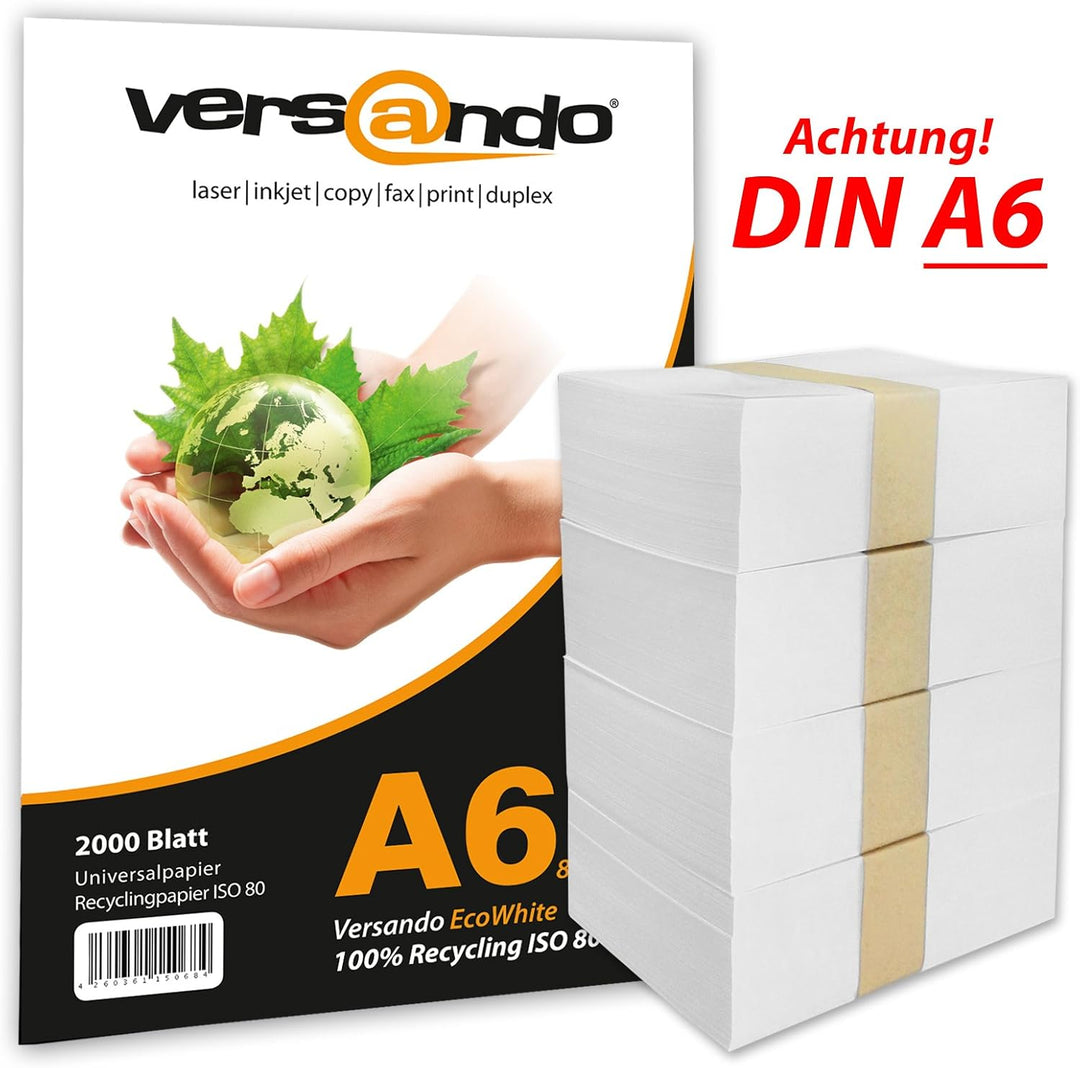 versando 2.000 Blatt Recyclingpapier DIN A6 EcoWhite 80g Kopierpapier Druckerpapier Öko Umweltpapier