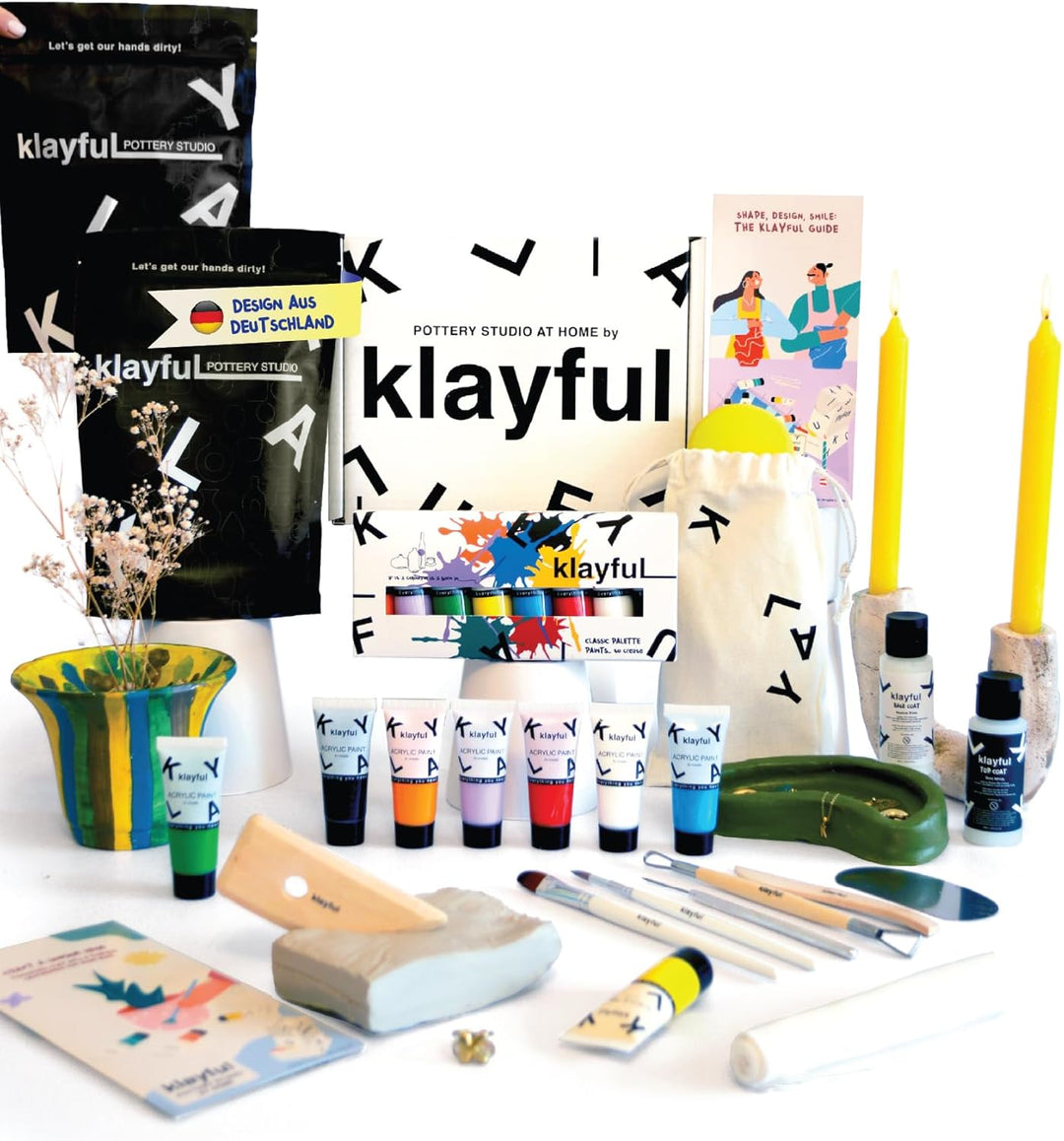KLAYFUL Ton Töpferset für Anfänger für zu Hause - Lufttrocknend. Das Kit enthält: 3 kg weissen Ton,