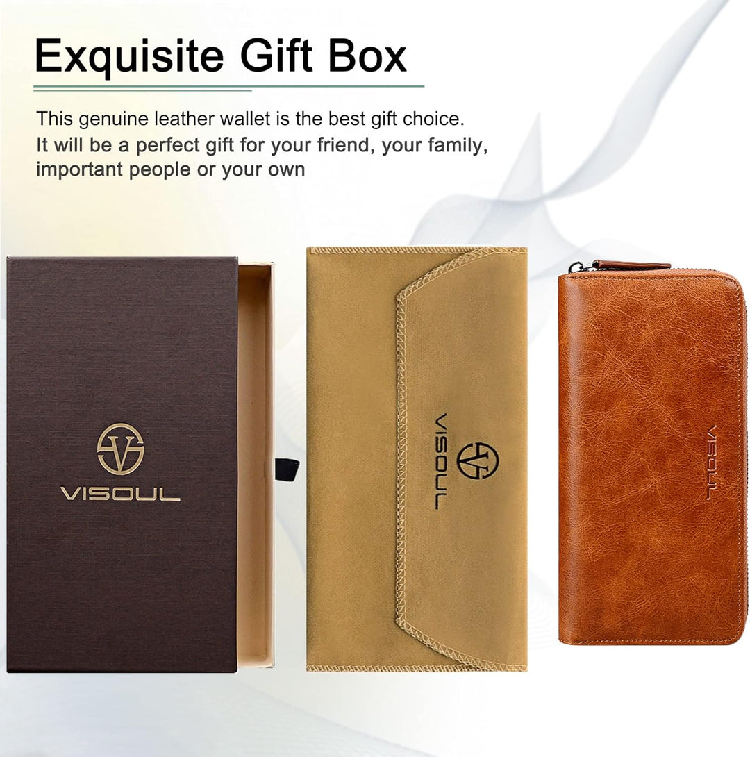 VISOUL Premium Brieftasche Echtleder/Italienisches Leder mit RFID-Schutz, XXL Geldbörse Braun L02, B