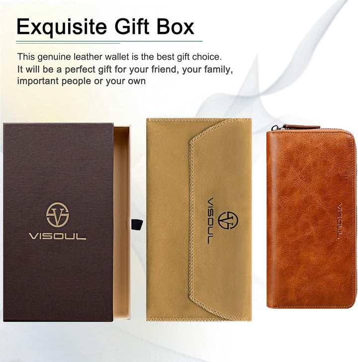VISOUL Premium Brieftasche Echtleder/Italienisches Leder mit RFID-Schutz, XXL Geldbörse Braun L02, B