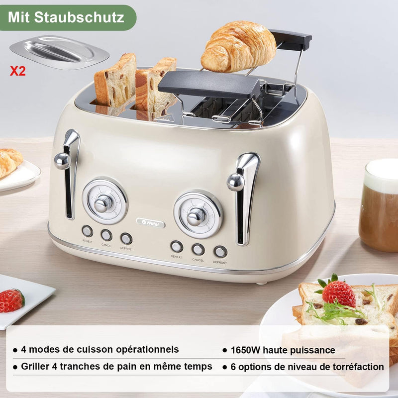 Wiltal Toaster 4 Scheiben, Toaster Langschlitz, Edelstahl Gehäuse, mit Integrierten Brötchenaufsatz,