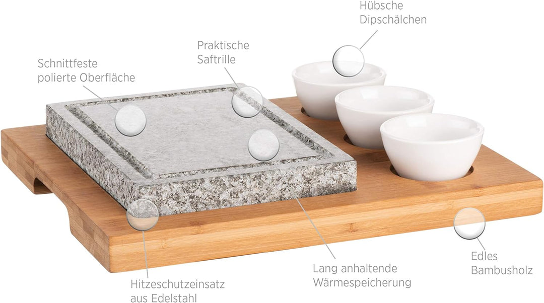 MÄSER 931758 Heisser Stein, Grillstein Set mit Naturgrillstein aus Granit, 3 Dipschalen und Bambus H