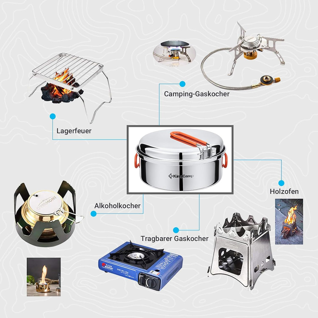 KingCamp Camping Kochgeschirr Set Stainless Steel faltbar Kochset Töpfe Set Geschirr Set Outdoor Koc