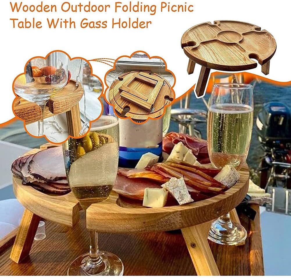 Torribaly Tragbarer Picknicktisch, Mini Campingtisch Rund Holz Gartentisch Klappbar Snackbox, Couchb