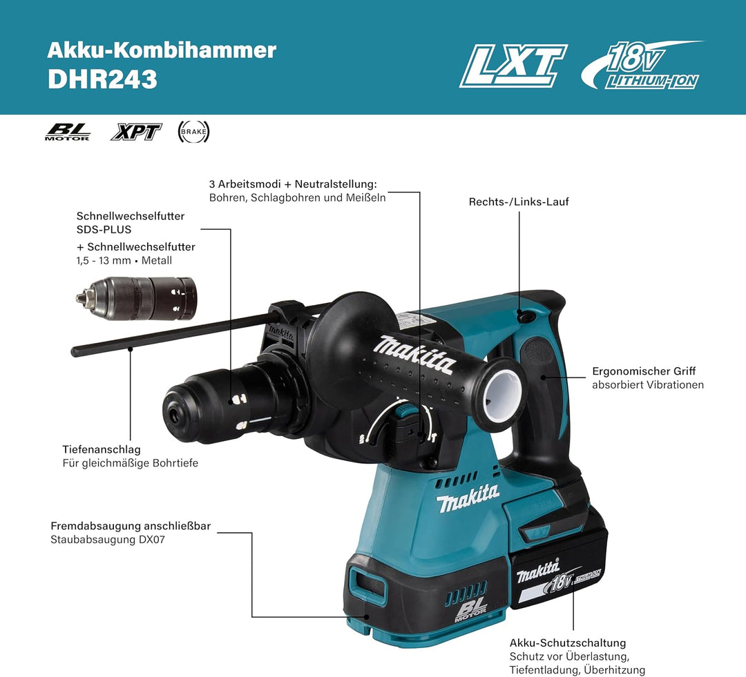 Makita Akku-Kombihammer (ohne Akku/Ladegerät, 18 V) DHR243Z ohne Ladegerät Single ohne Akku