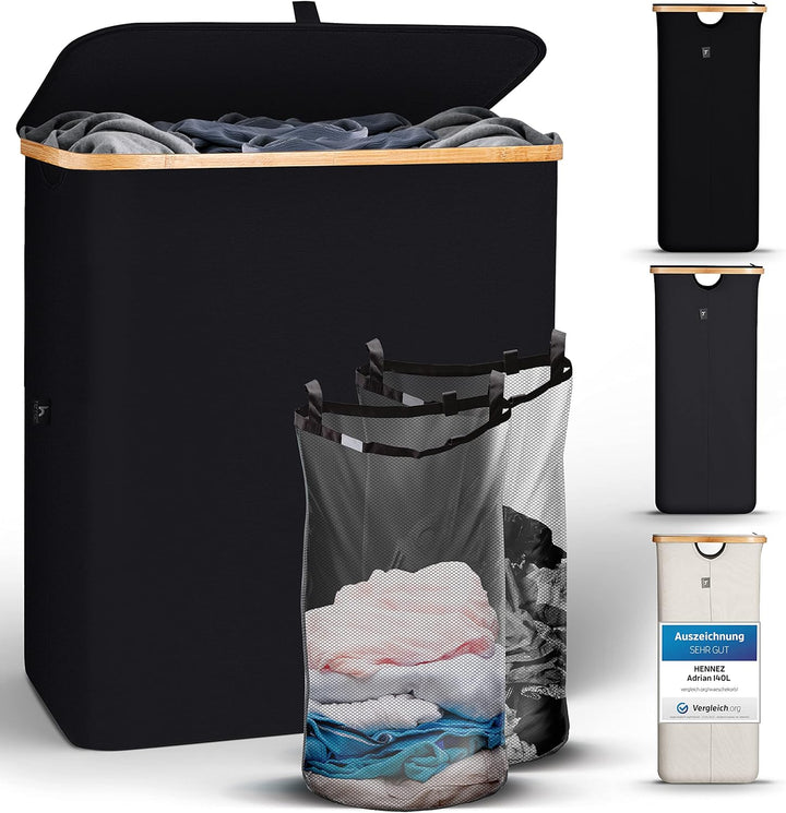 HENNEZ Wäschekorb mit Deckel 2 Fächer Wäschekorb schmal schwarz 141L Wäschesack - Wäschesortierer An