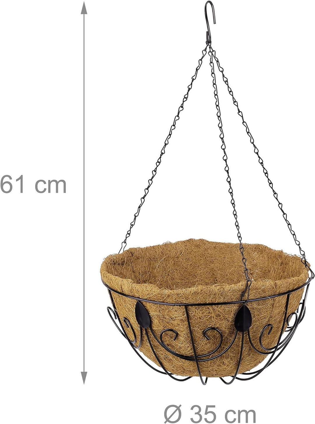 Relaxdays Hängekorb 3er Set, Kokos, Blumenampel mit Kette, 35 cm Durchmesser, je Pflanzenhalter 10 L