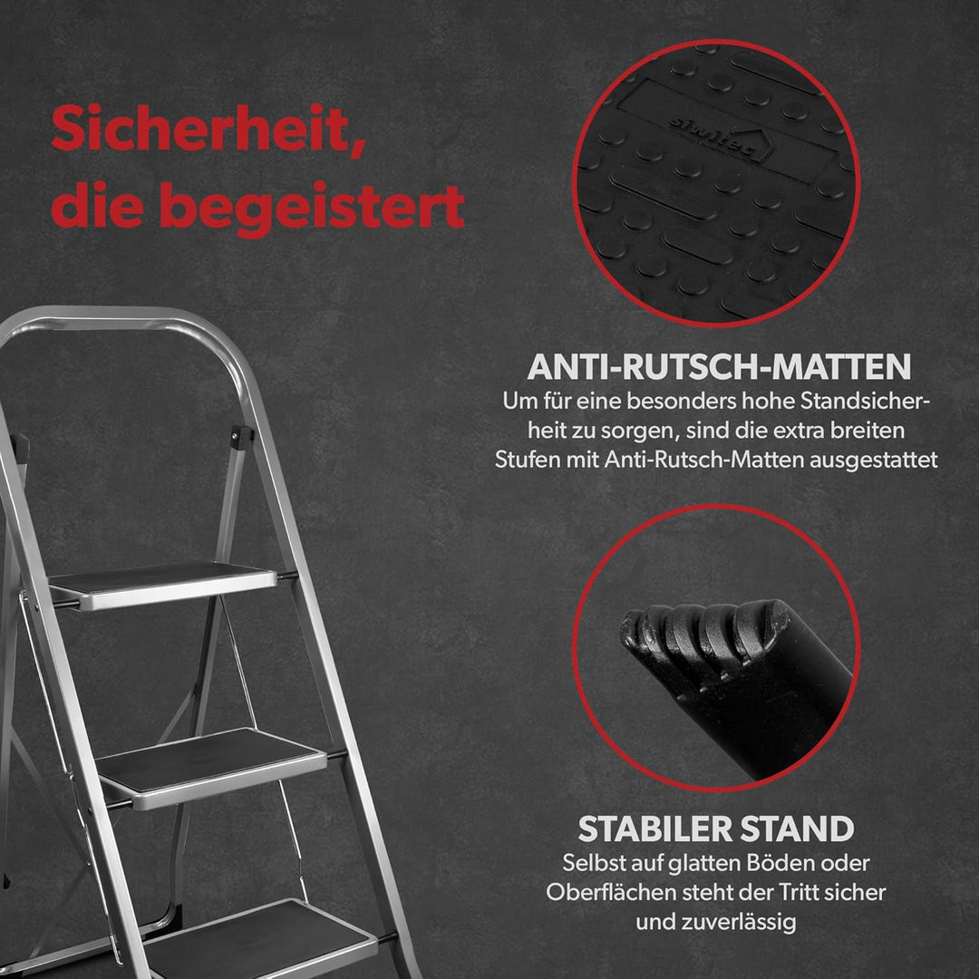 siwitec Klapptritt aus Stahl mit 3 Stufen, anthrazit, kleine Leiter mit Anti-Rutschmatten, 150 kg Tr