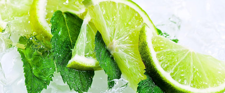 Glasbild Panorama | Wandbild aus Echtglas | Limetten und Minze im Eis | 100x40 cm | inkl. Aufhängung