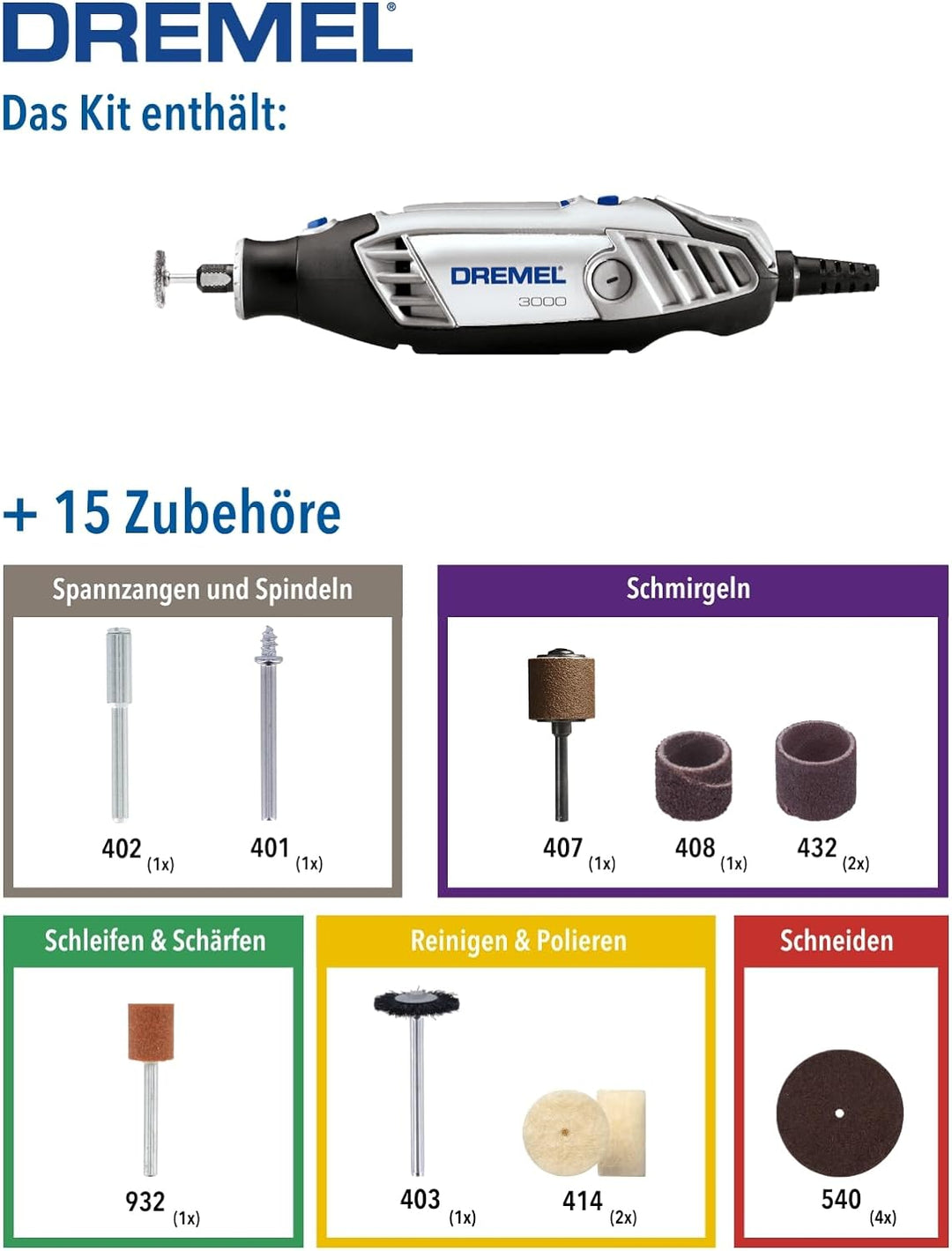 Dremel 3000 Multifunktionswerkzeug 130W, Set mit 15 Zubehörteilen, Variable Drehzal 10.000-33.000 U/