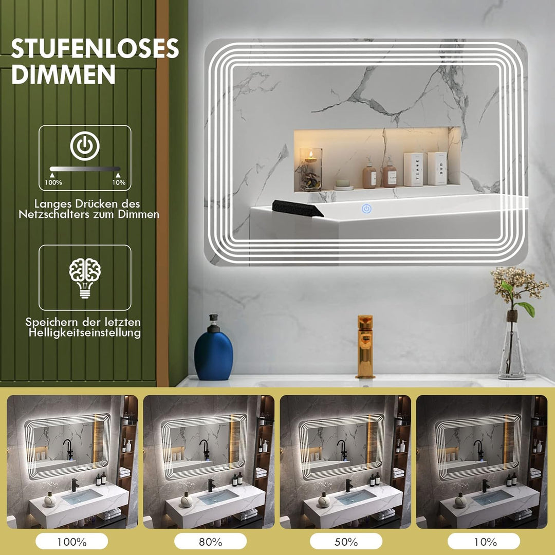 COSTWAY Badspiegel mit Anti-Beschlage Spiegelheizung, LED-Spiegel dimmbar, Badezimmerspiegel 3000K-6
