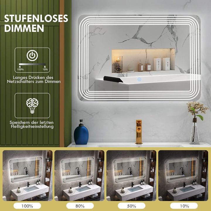 COSTWAY Badspiegel mit Anti-Beschlage Spiegelheizung, LED-Spiegel dimmbar, Badezimmerspiegel 3000K-6