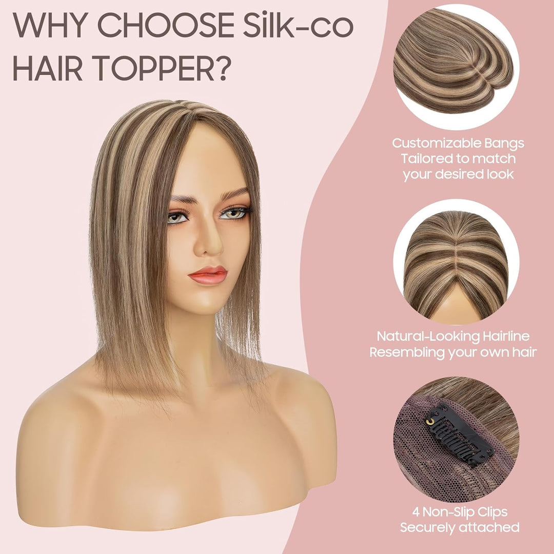 Silk-co Hair Topper Echthaar, 10x12cm Basis Toupet Damen, Haartopper Echthaar mit Remy Seide Basis,