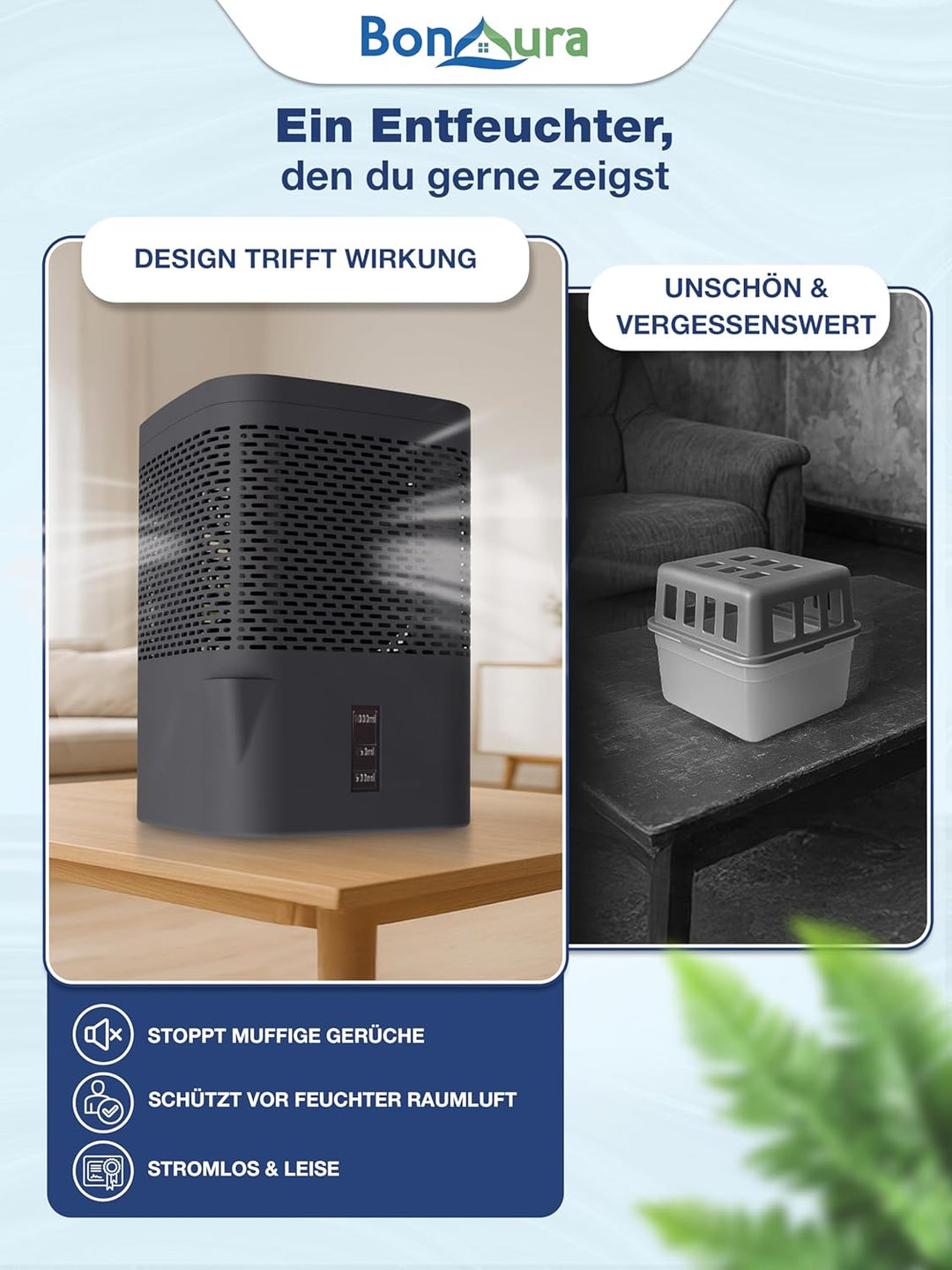 BonAura® AirOne Luftentfeuchter ohne Strom mit 360° Belüftung I Raumentfeuchter mit Ausgiesser & 680
