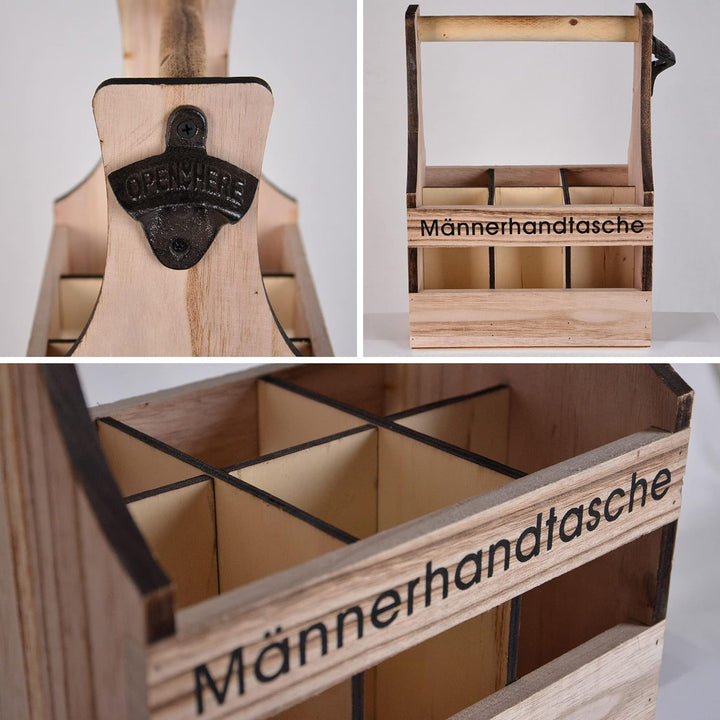 UNUS Home Männerhandtasche Bier, Flaschenträger aus Holz für 6 Flaschen, Bierträger mit Flaschenöffn