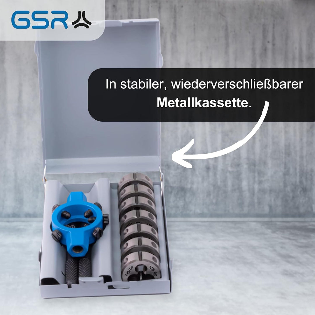 GSR Profi HSS Schneideisen Satz, 8-teilig, 25x9 Schneideisenhalter & M3-M12 Schneideisen, Form B vor