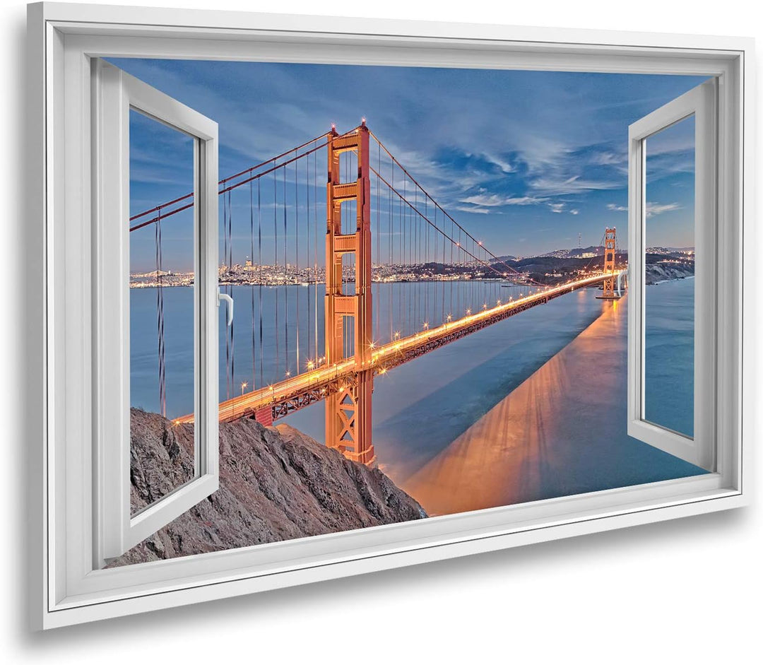 islandburner Bild auf Leinwand Fensterblick Die Golden Gate Bridge in der Bucht von San Francisco Sa