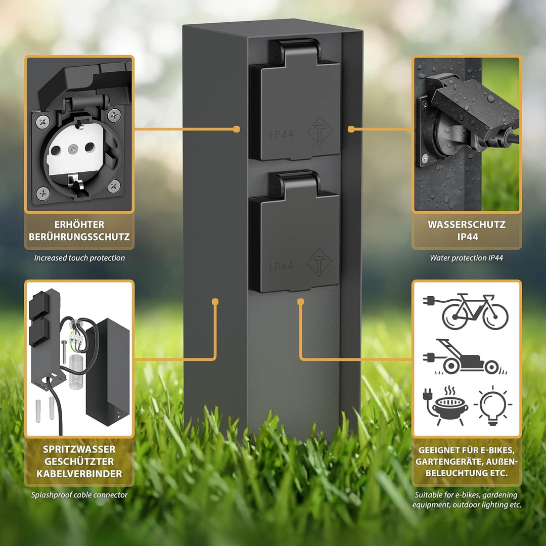 ledscom.de Garten-Steckdosen-Säule POMI mit Erdspiess für aussen, IP44, 2-Fach, anthrazit, eckig, 23