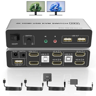 Dual Monitore HDMI KVM Switch 2 Computer, Unterstützt EDID, 4K@60Hz HDMI KVM Switch 2 PC 2 Monitore