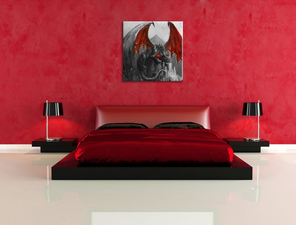 Dragon castle Schwarz/Weiss, Format: 70x70 auf Leinwand, XXL riesige Bilder fertig gerahmt mit Keilr