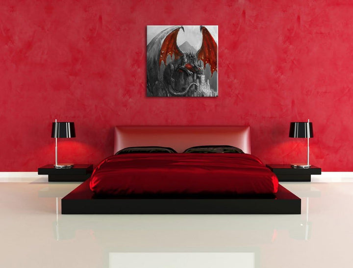 Dragon castle Schwarz/Weiss, Format: 70x70 auf Leinwand, XXL riesige Bilder fertig gerahmt mit Keilr