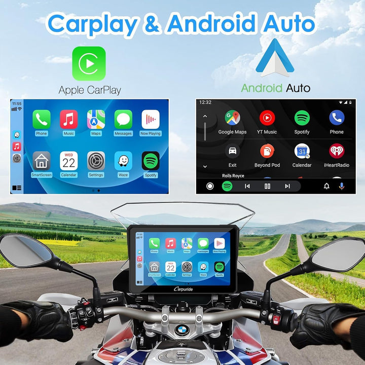 Carpuride W702B Motorrad GPS Carplay Bildschirm mit Design Halterung für BMW Motorräder, Kabelloses