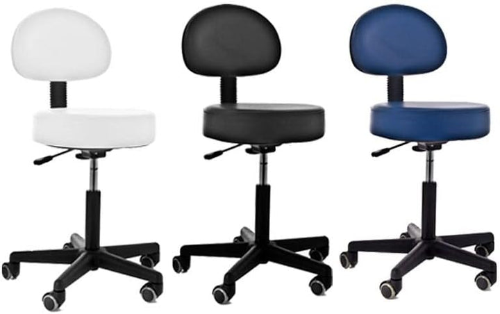 QUIRUMED Hocker mit Rückenlehne, Gaslift, mit 5 Rädern, Blaue Farbe, Polsterung aus hochdichtem Kuns