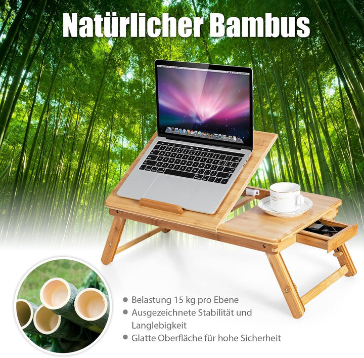 COSTWAY Bambus Laptoptisch klappbar, Notebooktisch höhenverstellbar & neigbar & belüftet, Lapdesk mi