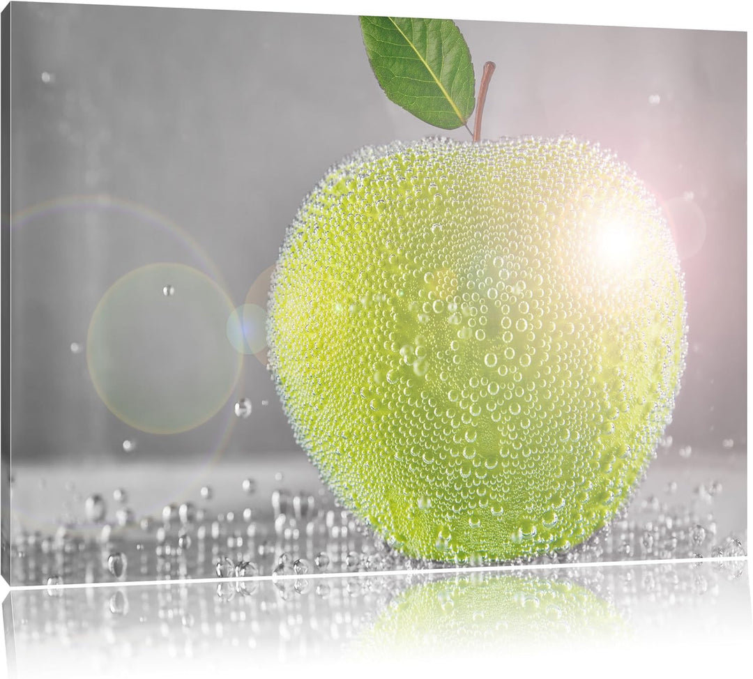 Grüner saftiger Apfel mit Wasserperlen schwarz/weiss Format: 100x70 auf Leinwand, XXL riesige Bilder