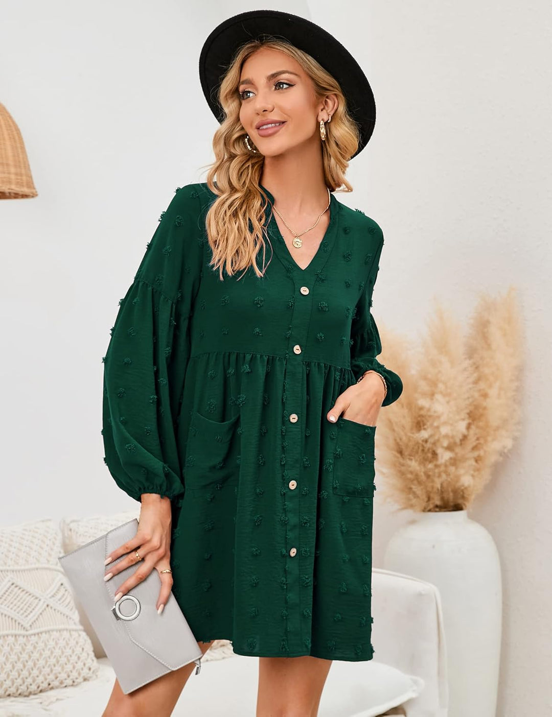 KOJOOIN Damen Tunika Kleid Langarm Swing Kleid kurz V-Ausschnitt Knopfleiste Blusenkleid Swiss Dot C