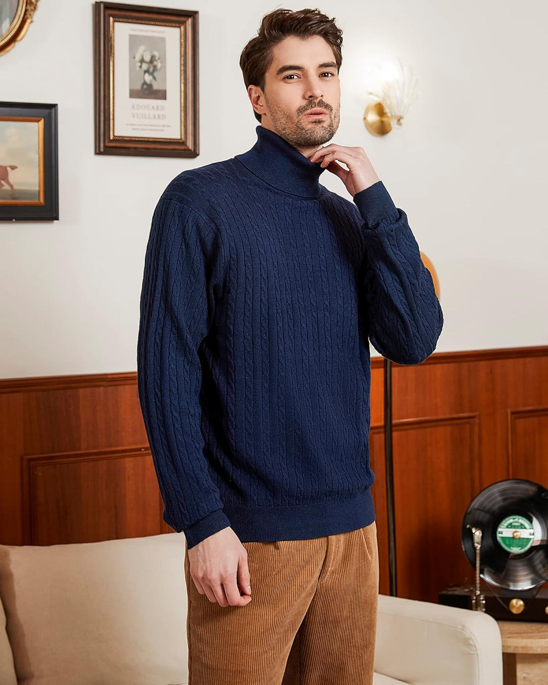 Kallspin Herren Turtleneck Wollmischung Rollkragen Pullover Relaxed Fit Langarm Zopfstrick Jumper S