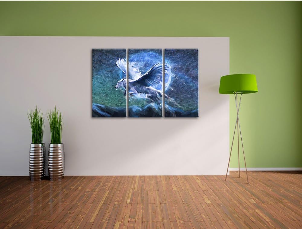 Pixxprint Wolf mit Flügeln Kunst / 3-Teilig/Gesamtmass 120cm Leinwandbild bespannt auf Holzrahmen/Wa