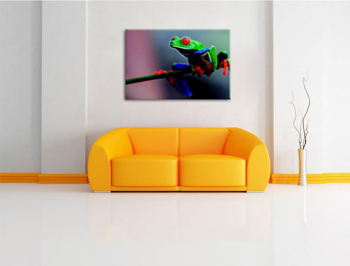 Grüner Frosch auf Ast Deluxe Format: 100x70 cm auf Leinwand, XXL riesige Bilder fertig gerahmt mit K