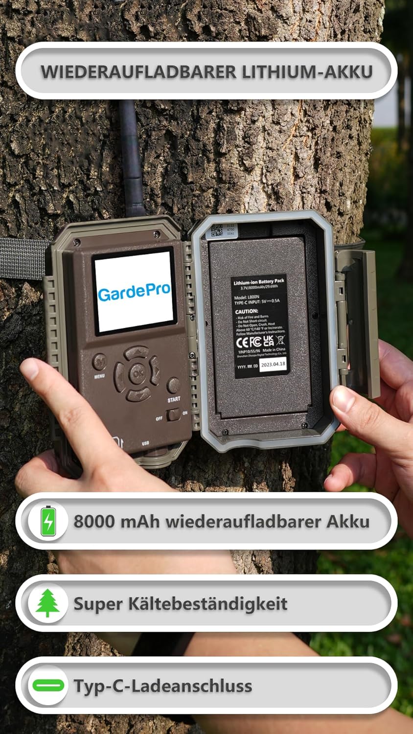 GardePro E8P Wildkamera WLAN, Wiederaufladbare 8000mAh Batterie, 64MP 1296P, Wildtierkamera mit bewe