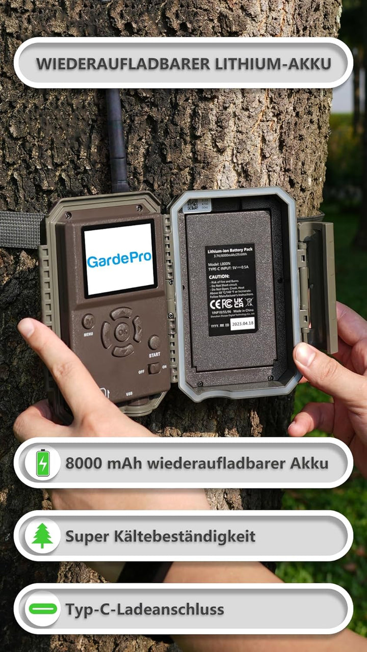 GardePro E8P Wildkamera WLAN, Wiederaufladbare 8000mAh Batterie, 64MP 1296P, Wildtierkamera mit bewe