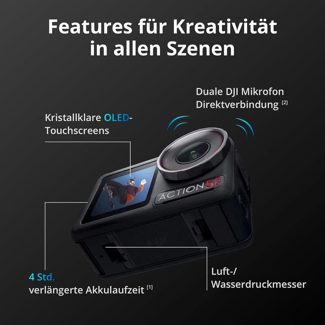 DJI Osmo Action 5 Pro Standard Combo + Mini Verlängerungsstab + Mic Mini Sender (Infinity Schwarz),