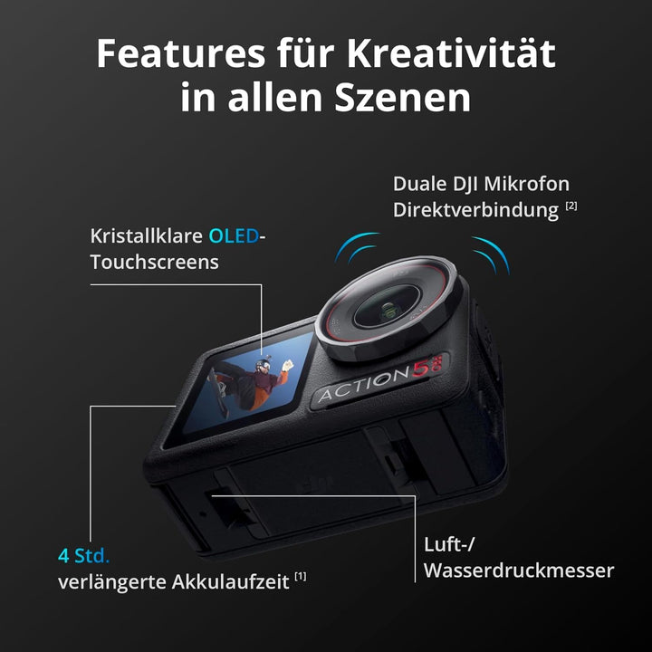 DJI Osmo Action 5 Pro Standard Combo + Mini Verlängerungsstab + Mic Mini Sender (Infinity Schwarz),