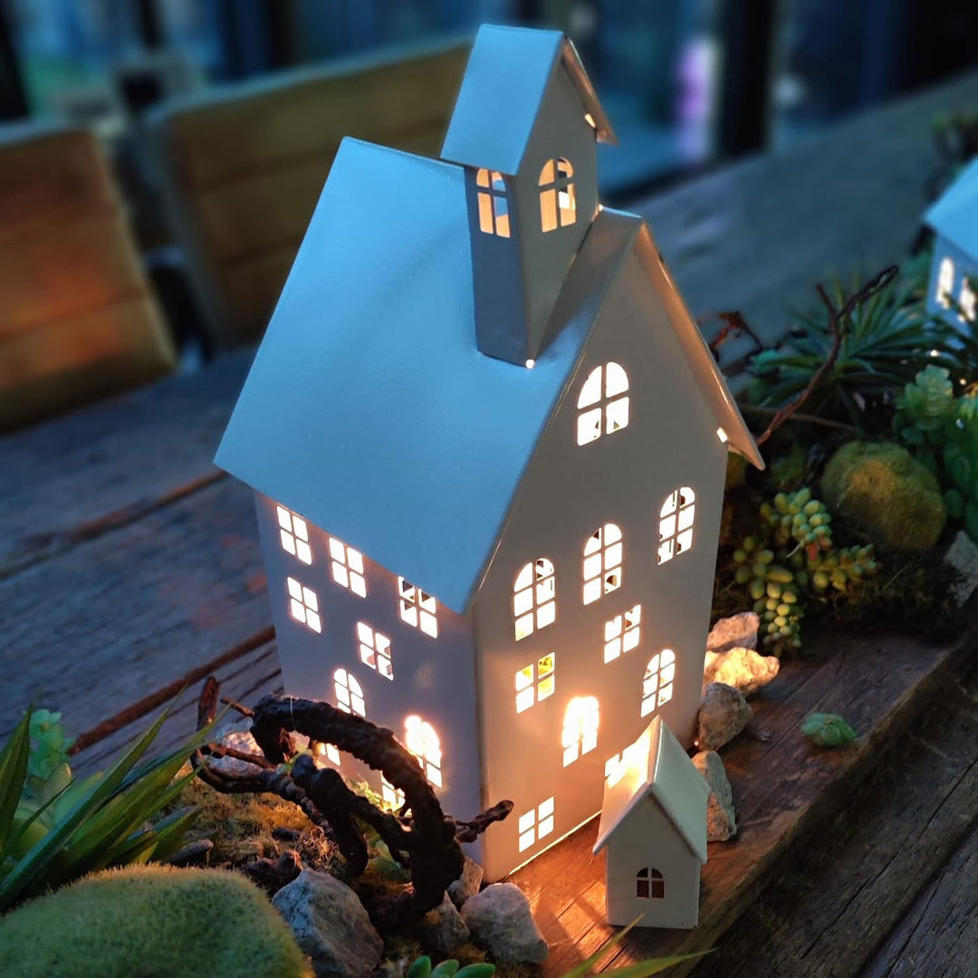 UNUS Deko Häuser 5er Set, Lichthäuser aus Metall, in Weiss, Herbstdeko Outdoor, Weihnachtsdorf für G