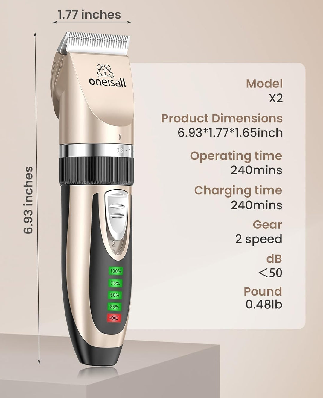 oneisall Dog Clippers Low Noise, 2-Speed Quiet Dog Grooming Kit Rechargeable Cordless Pet Hair Clipp