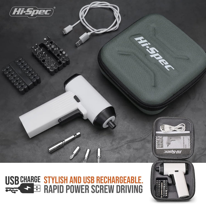 Hi-Spec 3.6V Mini Akkuschrauber in Weiss: Komplet Set mit elektrischer Akkuschrauber und 33tlg. Bit
